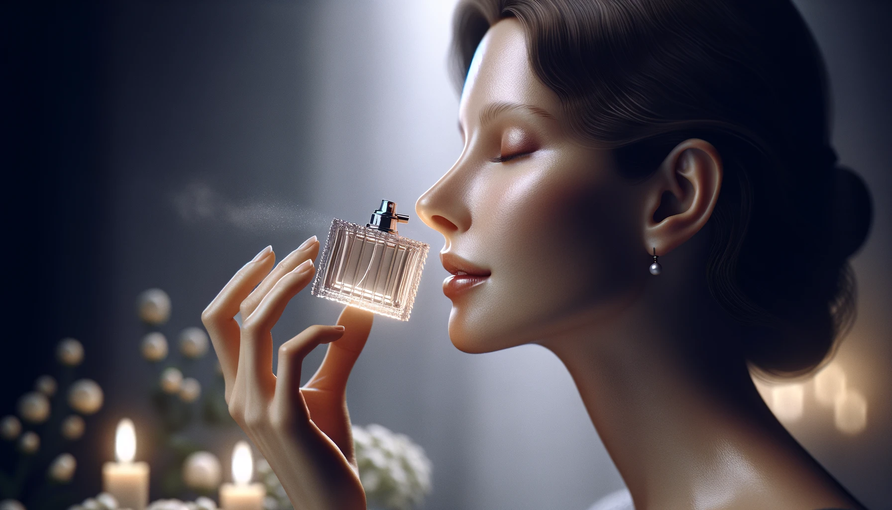 a woman sniffing perfume, capturing the moment of sensory exploration as she experiences the fragrance